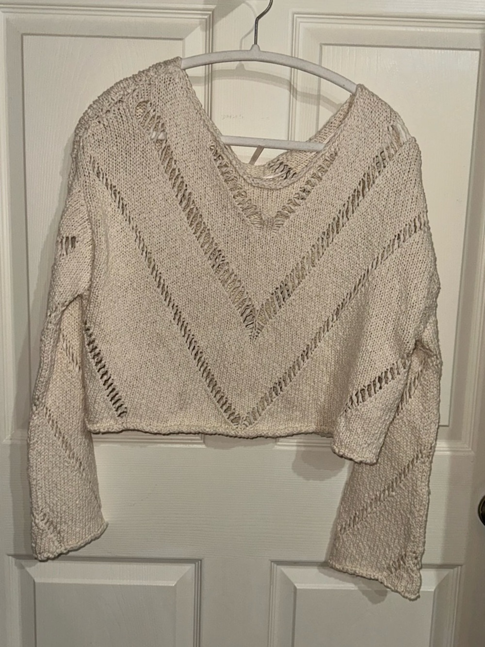 Free People Cropped Open-Knit Crochet Cropped Sweater Cream XS beach